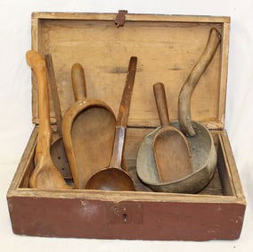 Antique wooden scoops & ladles in a red painted box - 6 1/2" tall x 19"x10 1/2"