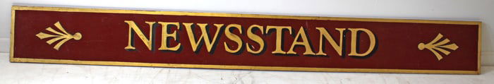 Large "Newsstand" store sign in red paint w gilt lettering - 84"x9 3/4"