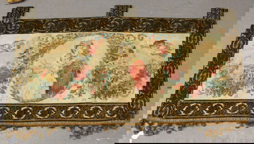 Antique late Victorian Painted Cloth Panel of Religious scene, with velvet & tasseled trimmings.