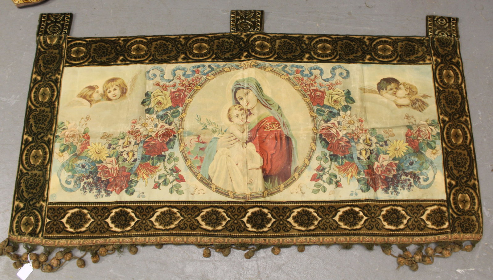 Antique late Victorian Painted Cloth Panel of Religious scene, with velvet & tasseled trimmings.: Antique late Victorian Painted Cloth Panel of Religious scene, with velvet & tasseled trimmings. French or Italian ? - 25"x51 1/2"