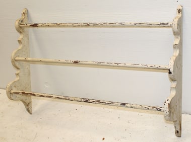 Antique wooden 3 tier hanging towel/linen rack in white paint w scrolled sides - 25" tall x 37" wide
