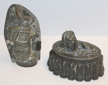 Lot of 2 antique molds incl rabbit chocolate mold & lion pudding mold - 9" rabbit & 5" tall x 7