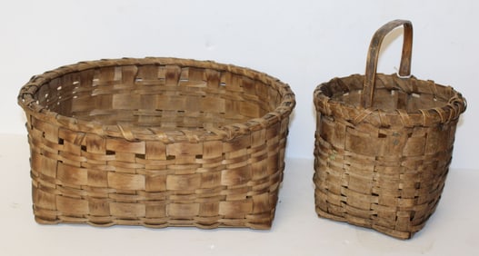 Lot of 2 antique baskets incl sm fixed handled - 9 1/4" tall x 7" square & 5 1/2" tall x 13"x11 1/2"