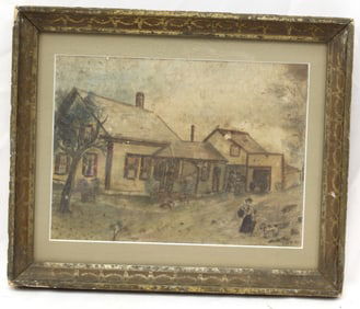 Antique w/c of farmhouse w people & dog Initialed KWN dated 1901 - overall framed size 9"x11"
