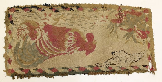 Antique hooked rug w rooster motif - as found - 17"x36"