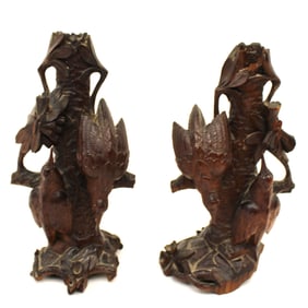 Near pair of antique Black Forest carved candlesticks w birds & tree stump motif - 8" tall