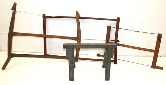 Lot of 3 antique wooden saws plus a blue painted saw horse