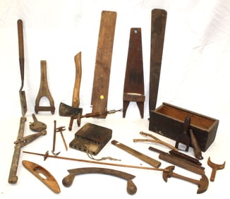 Misc lot of antique tools incl axes, ax handles, boot jacks, etc