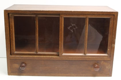 Antique 1 drawer display chest w sliding glass doors - 18" tall x 28" wide x 12" deep