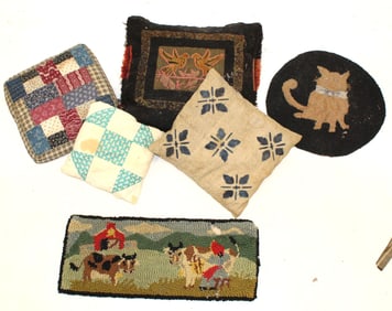 Lot of 4 antique pillows incl homespun, crewel & quilted plus 2 small hooked items - round chair pad