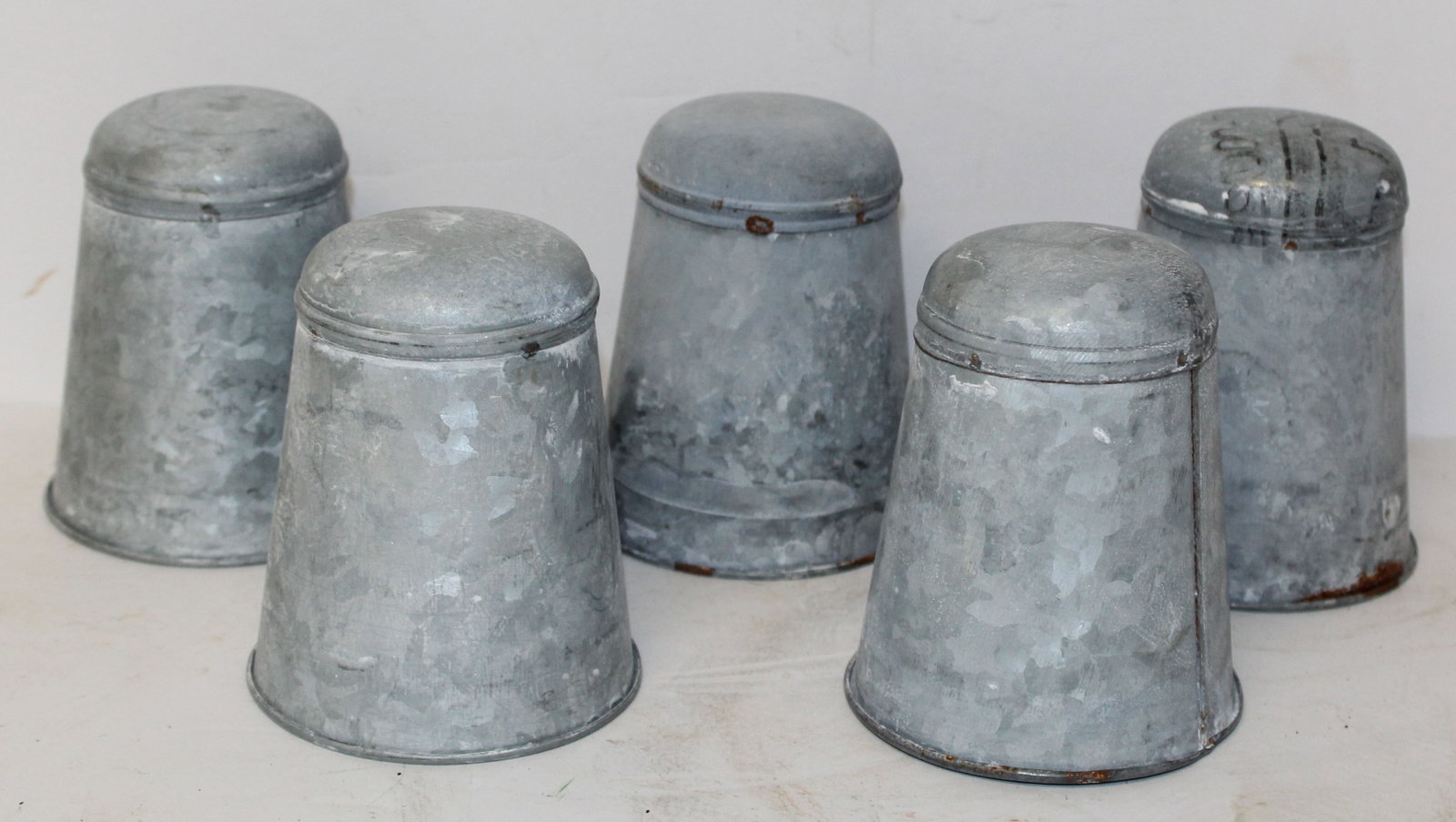 Lot of 5 ca 1920's French zinc seeding pots - 4" tall x 3 1/4" diam: Lot of 5 ca 1920's French zinc seeding pots - 4" tall x 3 1/4" diam