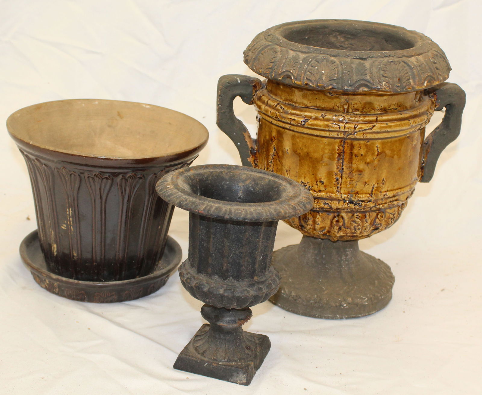 Lot of 3 planters, stoneware, iron & 2 handled porcelain & iron - 7 1/2" tall, 7" tall x 9" diam & (1 of 7)