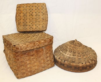 Large native American covered basket plus 2 basket covers - 13" tall x 16"x18", 20" diam round lid &