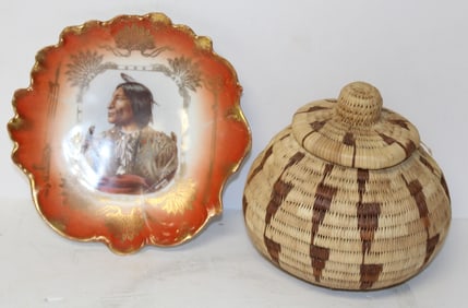 Native American commemorative plate & small basket - 7 1/4" plate & 5 1/2" tall x 6" basket
