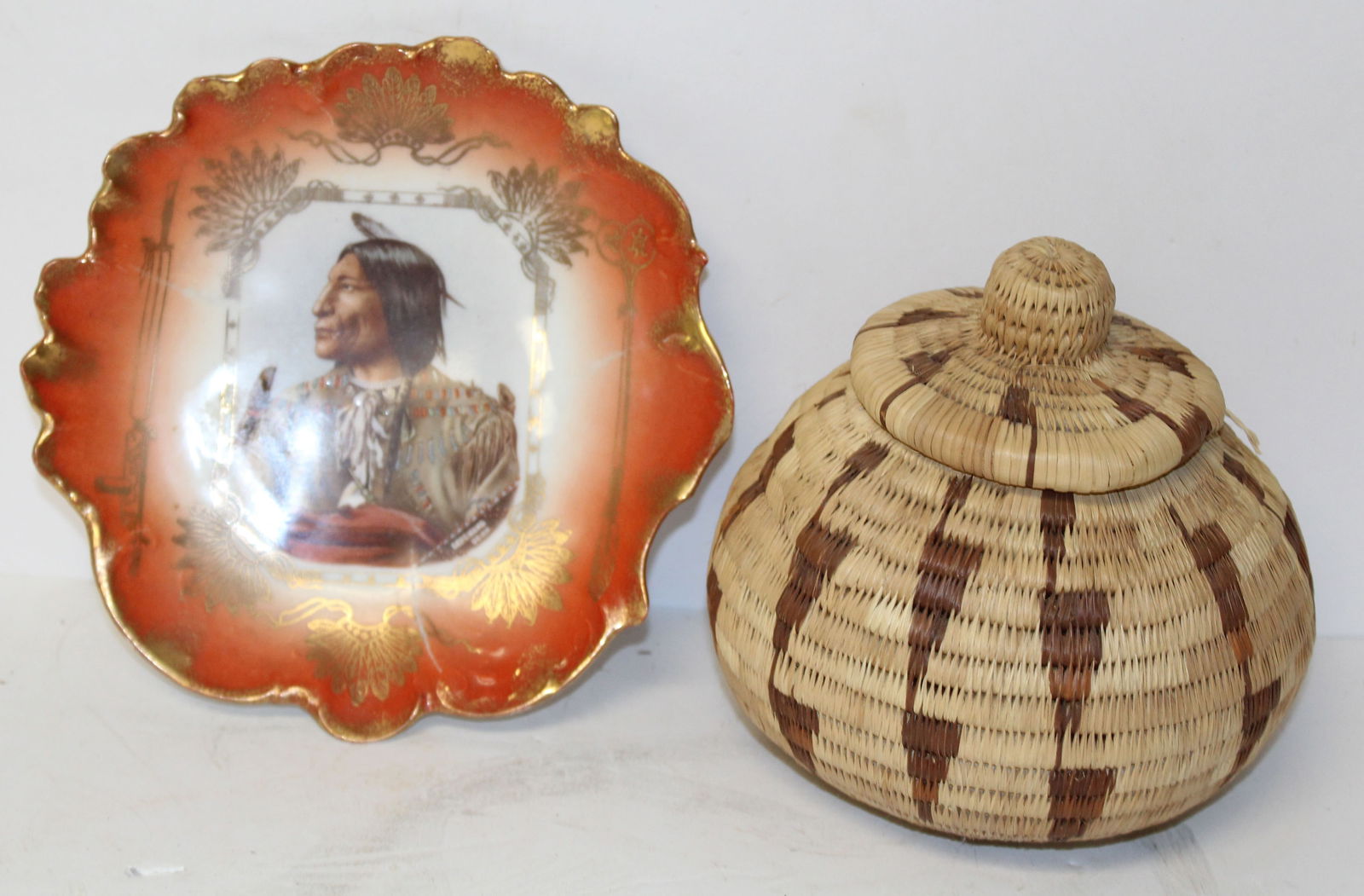 Native American commemorative plate & small basket - 7 1/4" plate & 5 1/2" tall x 6" basket (1 of 6)