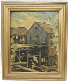 Initialed EAF dtd '35 o/bd dock/mill scene titled on verso "Old Mill" - overall framed size 25"x21"