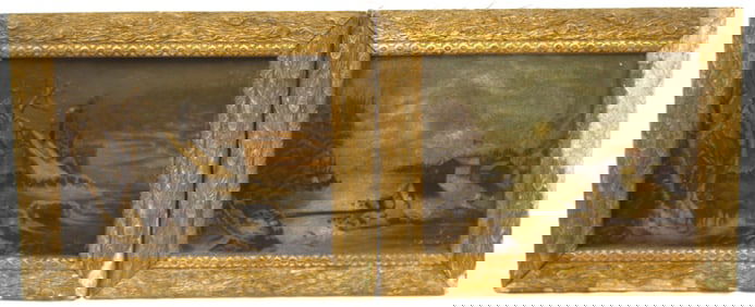 Lot of 2 antique o/bd winter scenes w people, house, mountains, etc in matching frames - overall