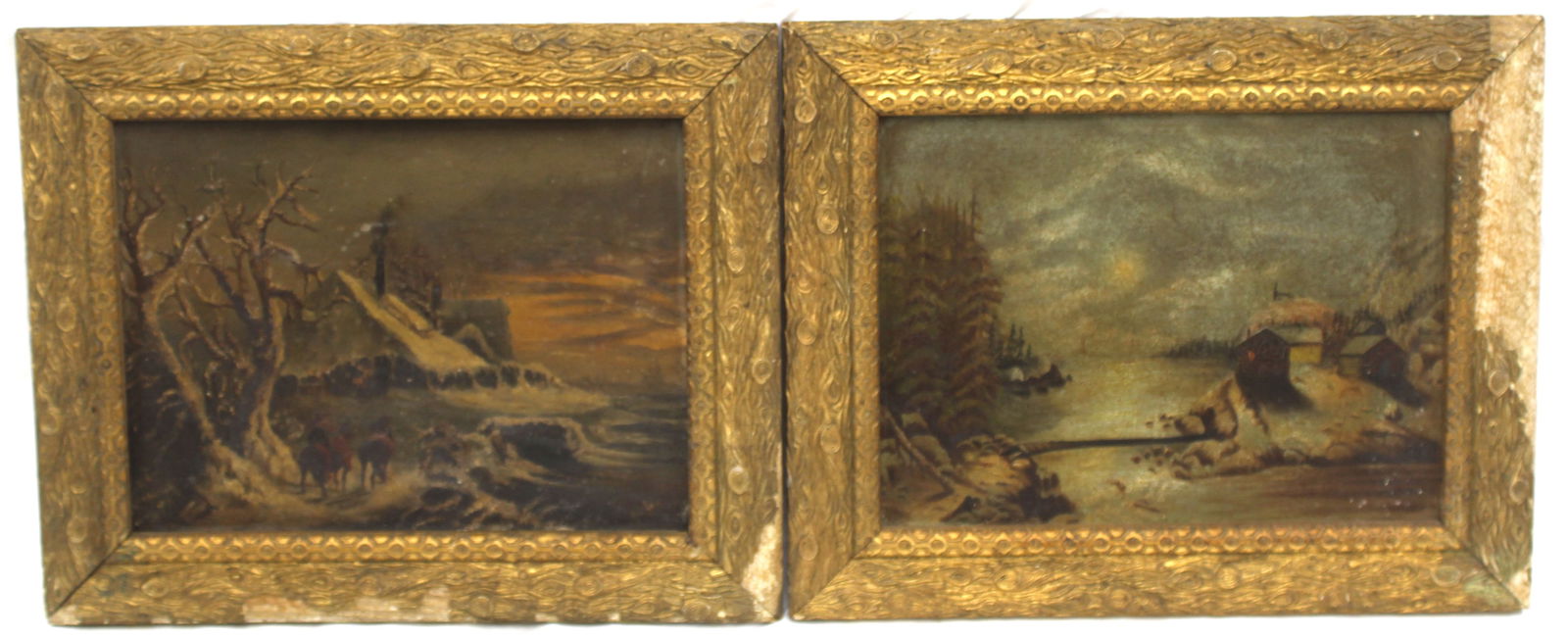Lot of 2 antique o/bd winter scenes w people, house, mountains, etc in matching frames - overall (1 of 12)