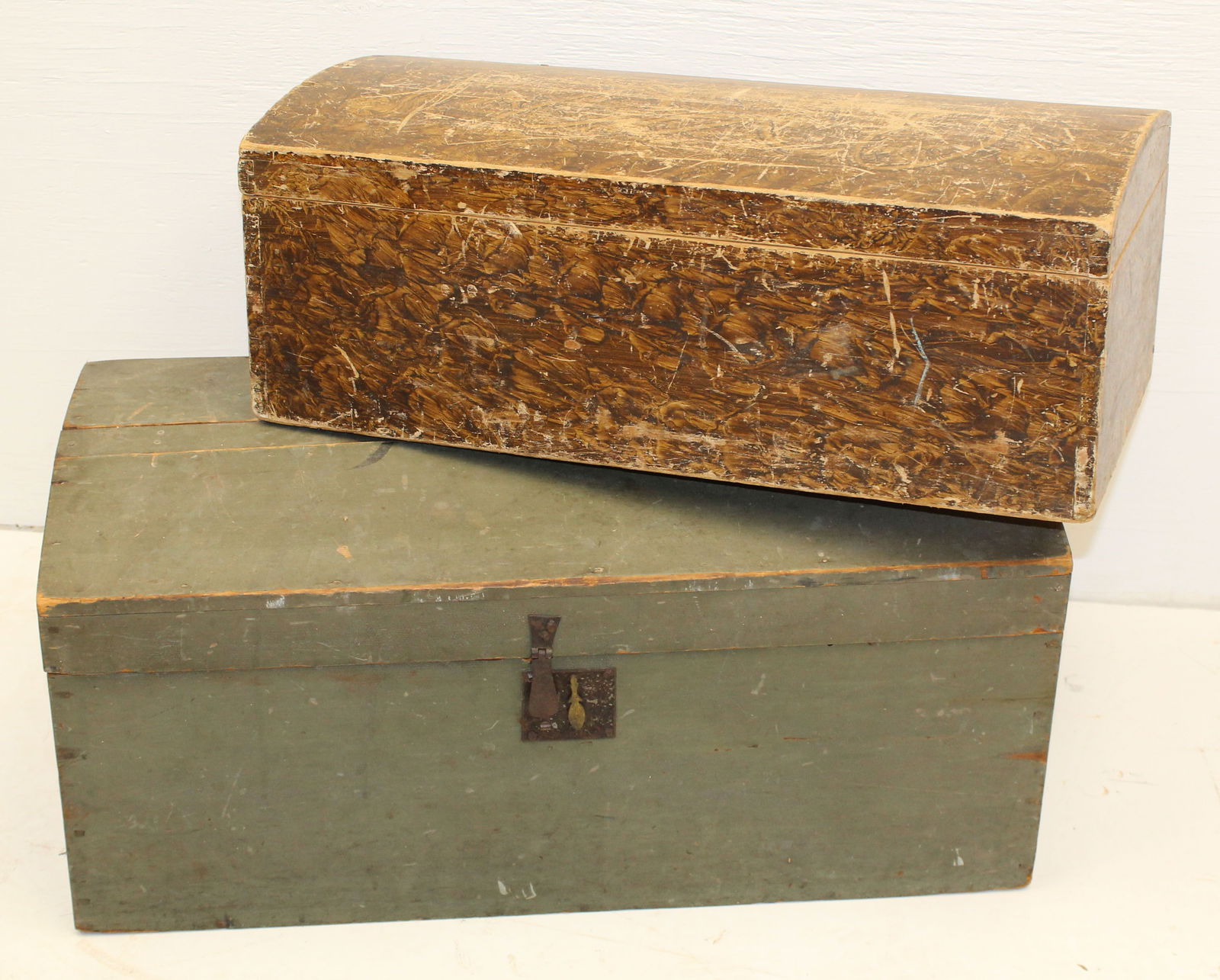 Lot of 2 dometop boxes in green & grain paint - 13"x27"x14" & 9" tall x 24"x12": Lot of 2 dometop boxes in green & grain paint - 13"x27"x14" & 9" tall x 24"x12"