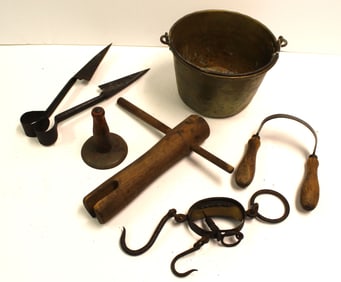 Antique brass bucket w misc tools - 6" tall x 9" diam bucket