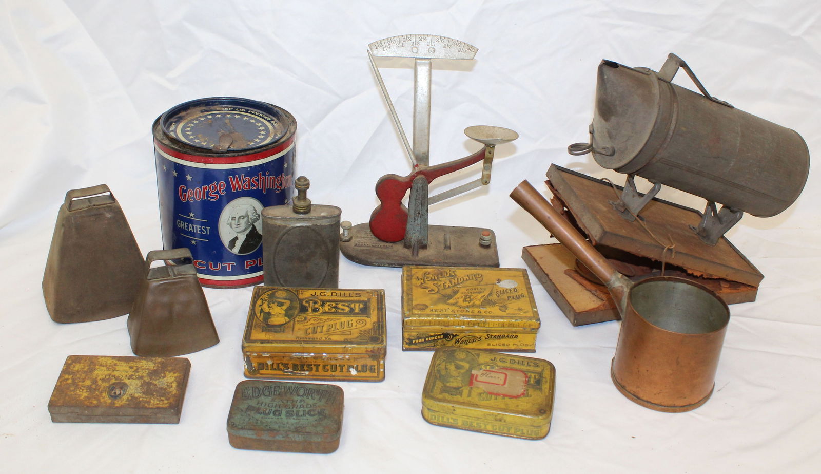 Large lot of tin incl adv tins, bee smoker, scale, etc (1 of 6)