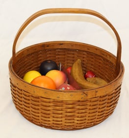 Signed Ben Higgins fixed handled round basket w wooden painted fruit inside - 10" tall x 12" diam