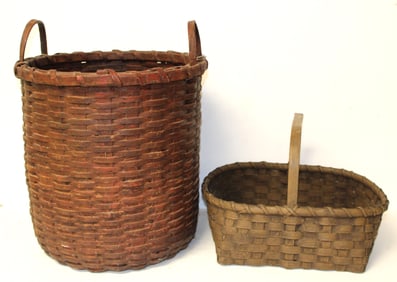Lot of 2 baskets incl tall 2 handled in red 15" tall x 14" diam & fixed handled 10 1/2" tall x 15