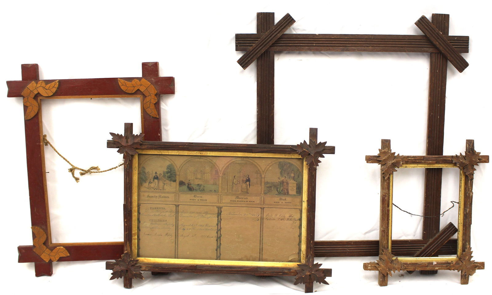 Lot of 4 antique wooden criss cross frames - smallest 12 1/2"x10 1/2" & largest 22 1/2"x19" (1 of 6)