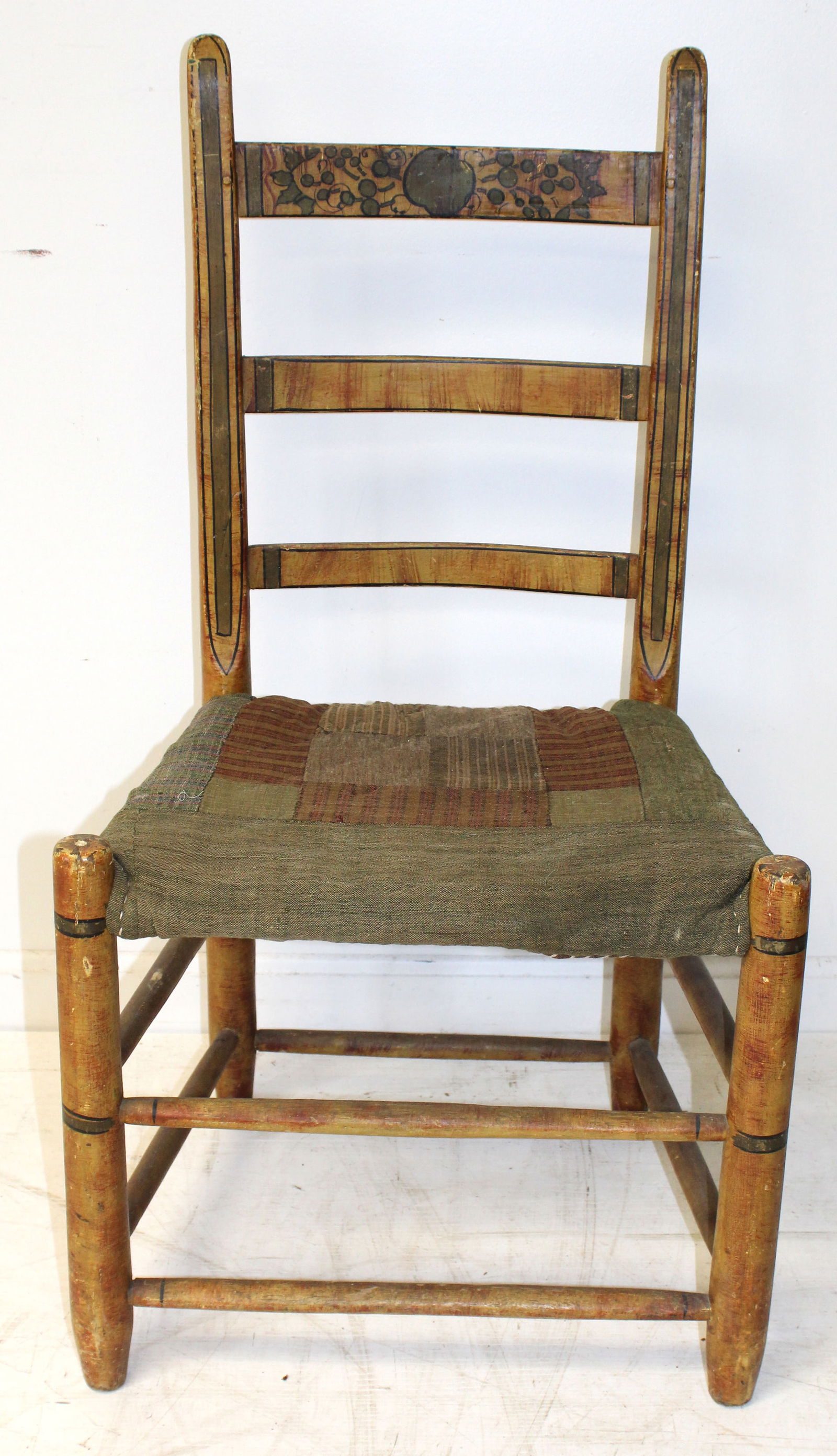 Antique paint decorated ladderback chair w linsey woolsey seat pillow - 34" tall w 15" seat height: Antique paint decorated ladderback chair w linsey woolsey seat pillow - 34" tall w 15" seat height
