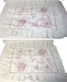Lot of 2 vintage pillow covers w red embroidered floral dec -  26"x32"