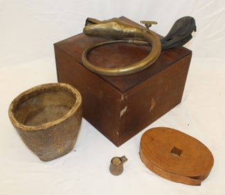 Misc lot incl box, figural car horn, canary feeder & hat molds