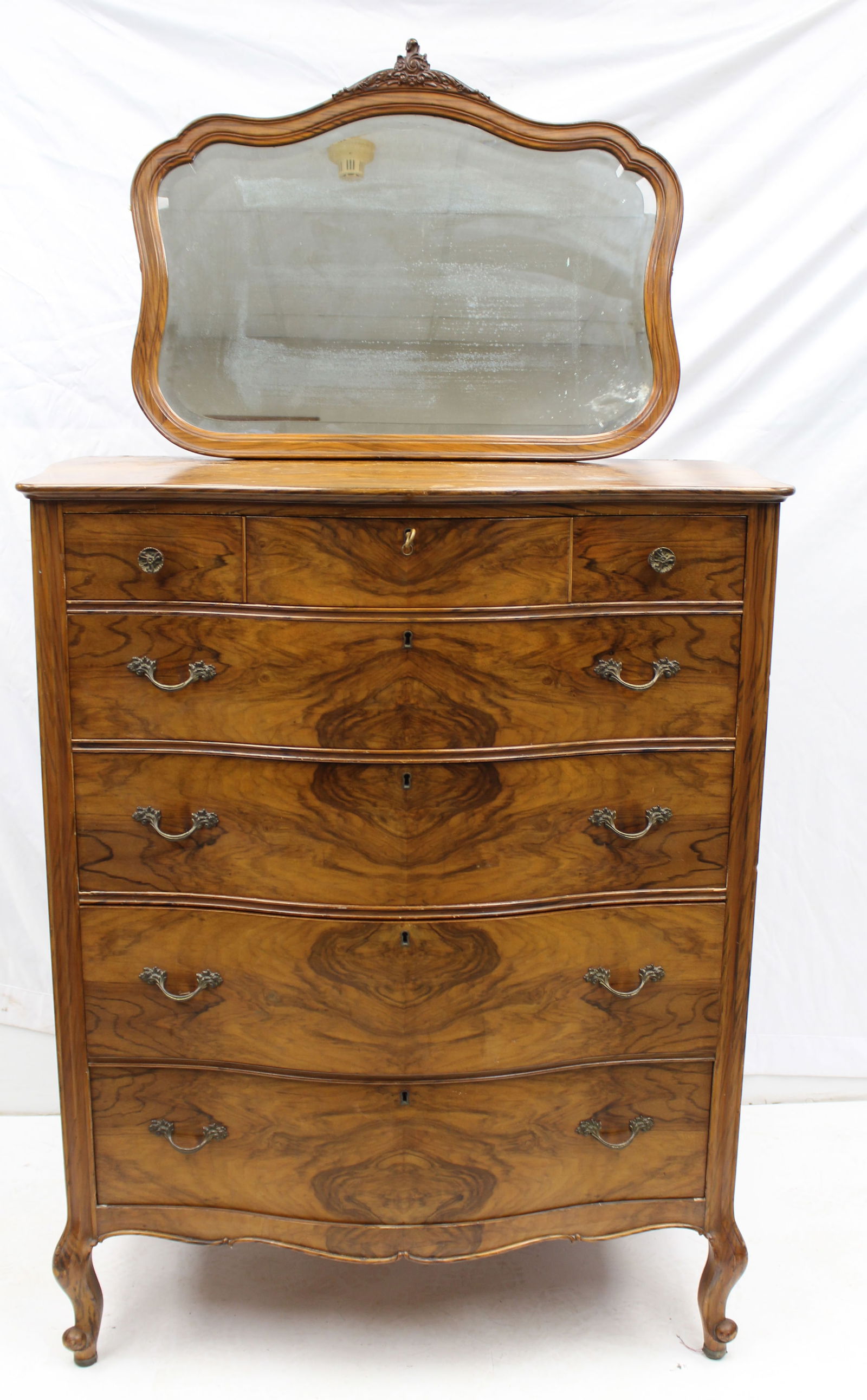 ca 1940's French style figured veneer 5 dr tall dresser w mirror - 47" tall x 36" wide x 21" deep (1 of 6)