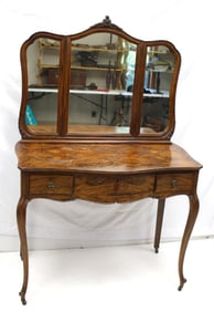 ca 1940's French style figured veneer dressing table w mirror - 32" tall x 39" wide x 20" deep table