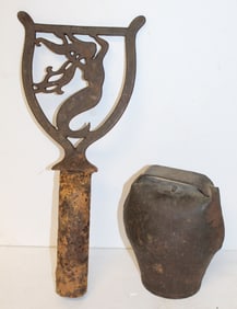 Antique bell & mermaid motif iron bootscraper - 7" & 16" tall