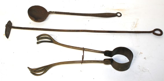 Lot of 3 brass & iron tools incl tongs, spoon & scraper