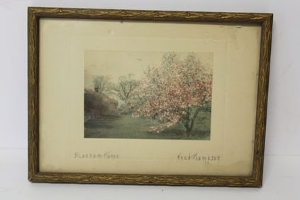 Small antique print by Fred Thompson titled "Blossom Home" - overall framed size 5 1/2"x7 1/2"
