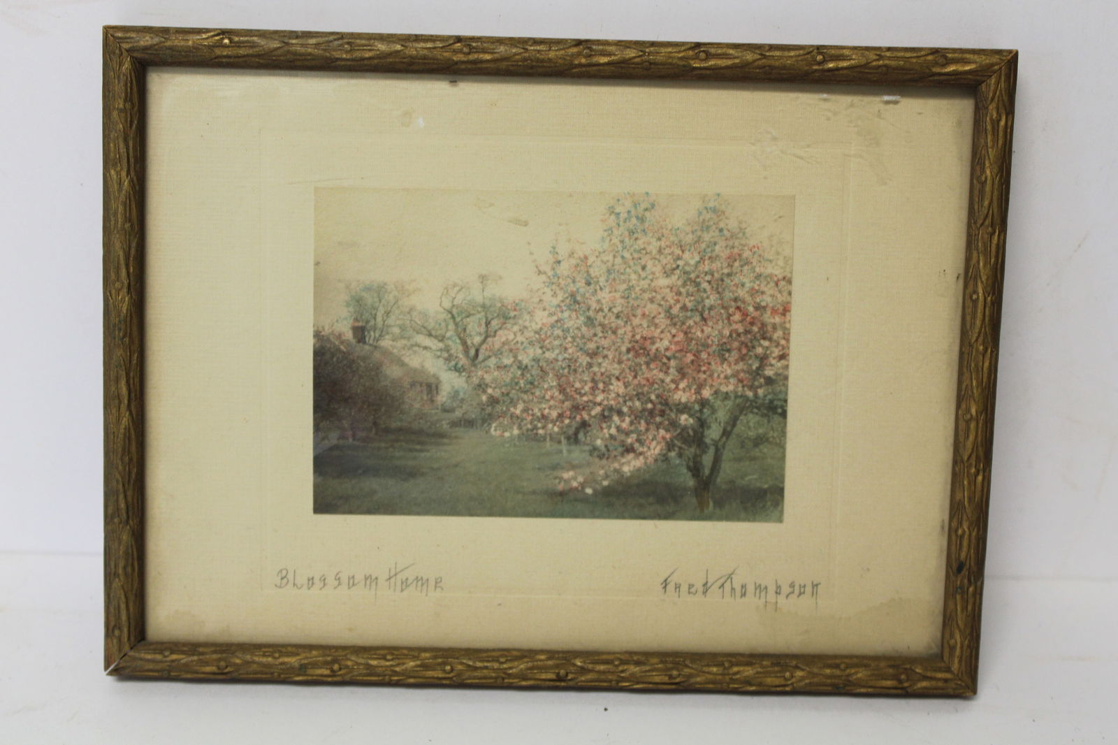 Small antique print by Fred Thompson titled "Blossom Home" - overall framed size 5 1/2"x7 1/2" (1 of 4)