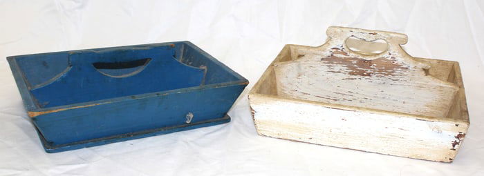 Lot of 2 wooden painted utility carriers in blue & white - 4" tall x 13"x9 1/2" & 5 1/2" tall x