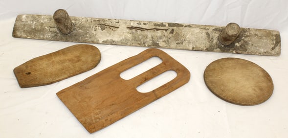 Antique treen lot incl trowel, bed smoother & 2 small cutting boards - 8" diam & 34" long trowel