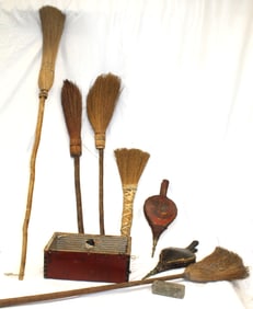 Lot of antique fireplace brooms & bellows incl one with exceptionally long 8' handle