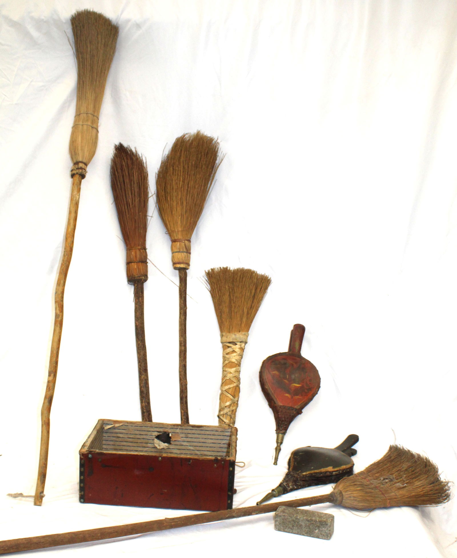 Lot of antique fireplace brooms & bellows incl one with exceptionally long 8' handle (1 of 7)