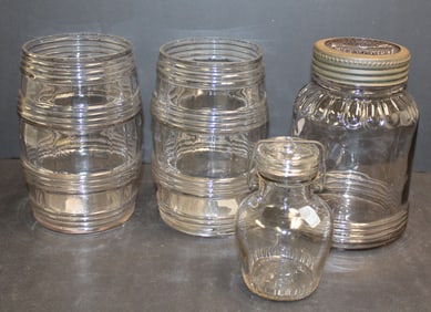 Lot of 4 glass tobacco jars incl a pr w no lids - 5 1/4", 8" & 7 3/4" (2)