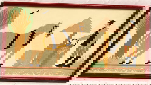 Interesting framed paper cut out scene of farmer at well with horse - overall framed size 10 1/2"x20