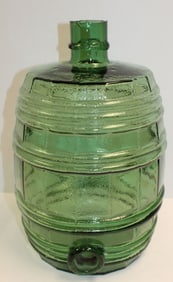 Large molded barrel form green glass water cooler - 15 1/2" tall