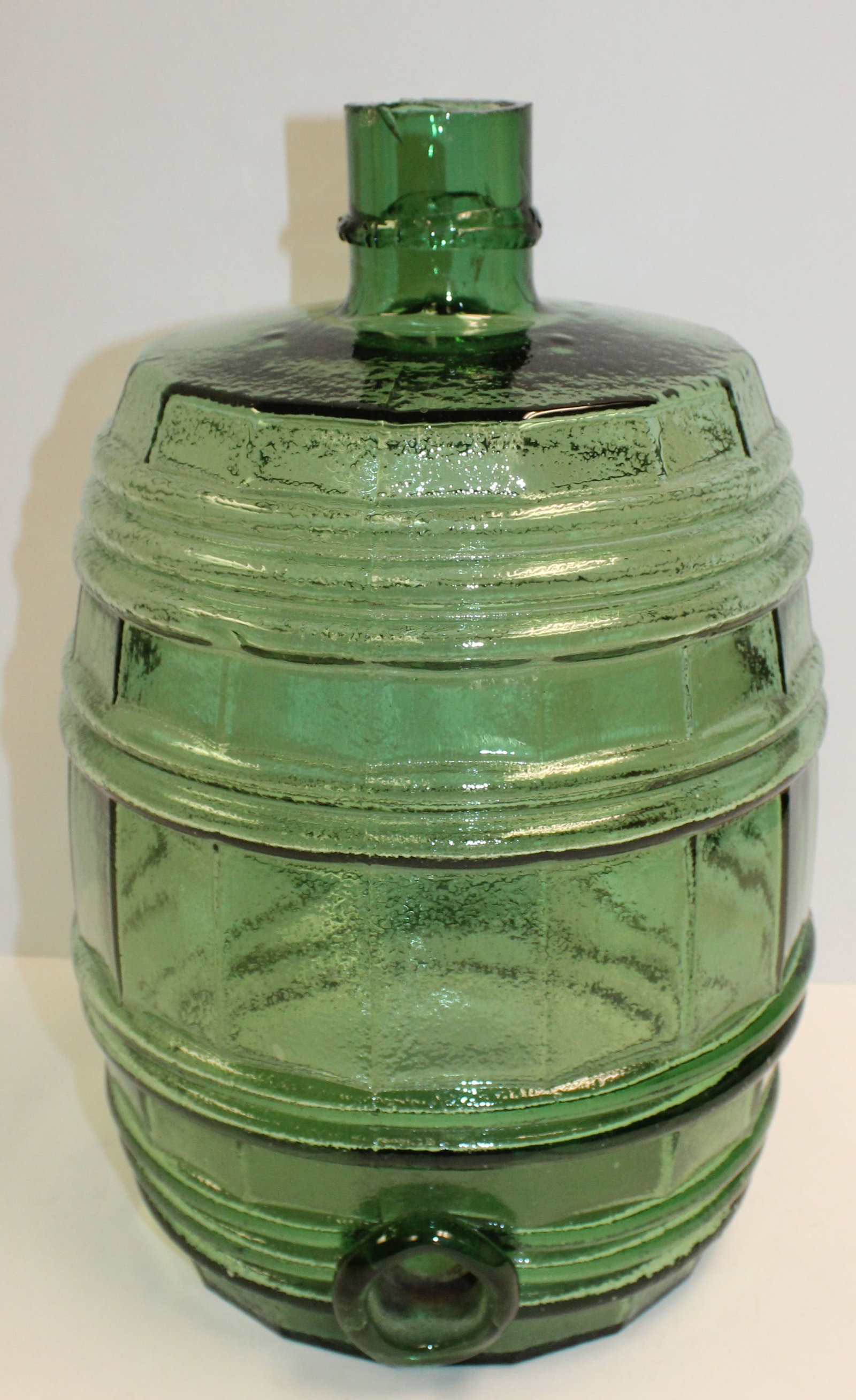 Large molded barrel form green glass water cooler - 15 1/2" tall: Large molded barrel form green glass water cooler - 15 1/2" tall