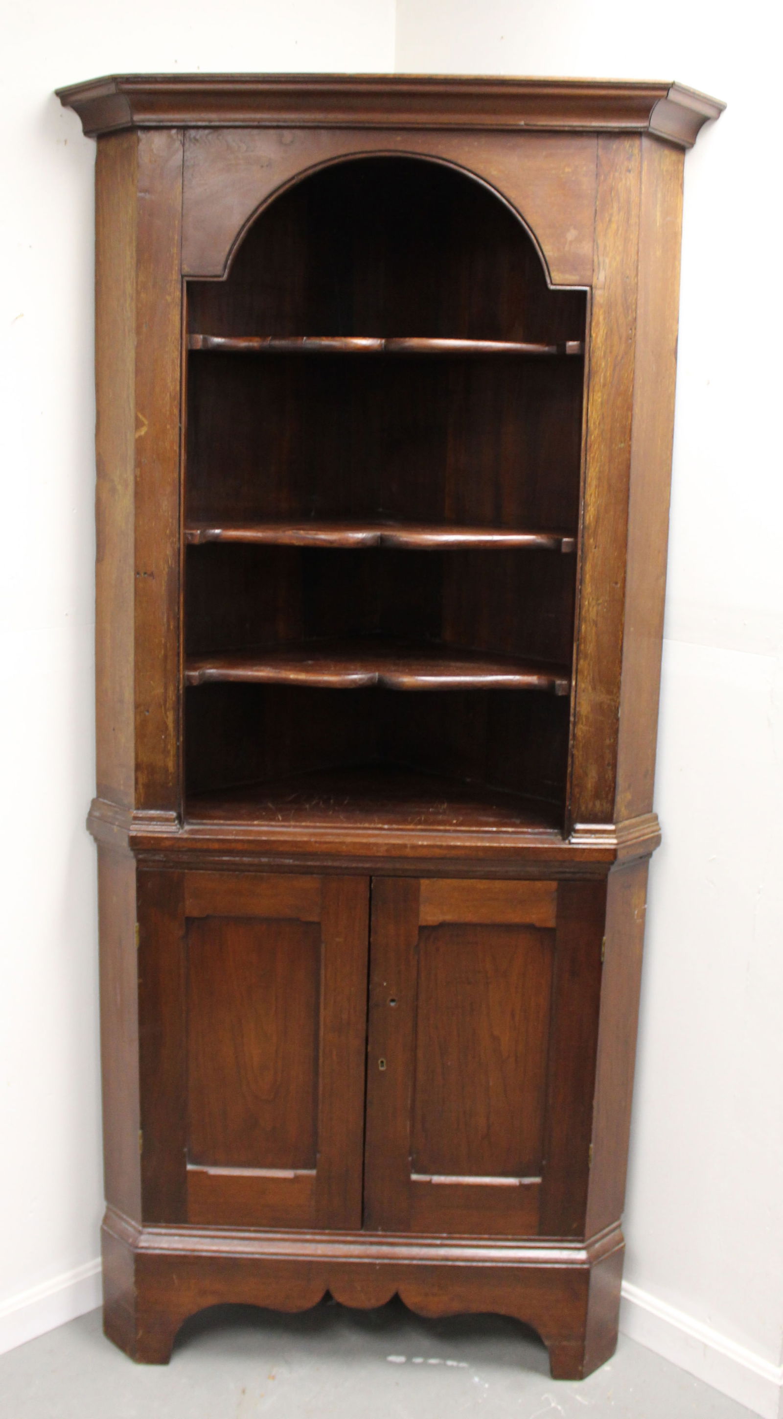Antique corner cupboard w open top & scalloped shelves over 2 paneled doors - 80" tall x 37" wide x (1 of 7)