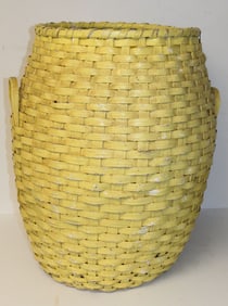 Large antique feather basket in yellow paint - 26" tall x 16" diam