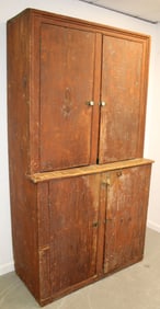 Large antique stepback cupboard in red paint w shelved interior - 84" tall x 47" wide x 22" deep