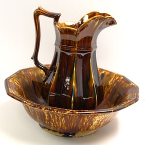 Bennington / Rockingham Bowl & Pitcher set - 12" tall pitcher & 15" diam bowl