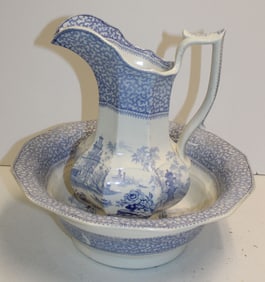 Antique English Transferware Bowl & Pitcher set; Longport Ironstone  "Marina" pattern - 12" tall